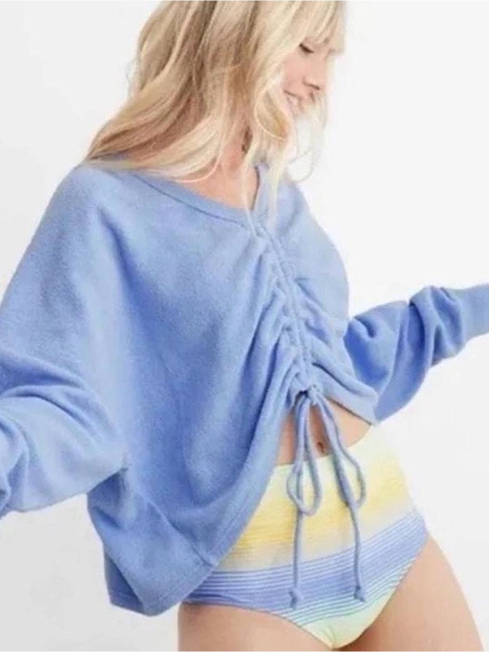aerie Pastel Blue Cinch-Front Cropped Knit Top